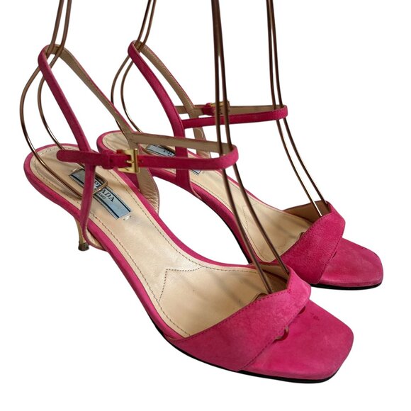 Prada high heel sandals pink suede 37.5 square toe ankle strap - Picture 1 of 15